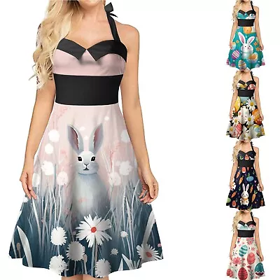 Party Clothes Vintage Hanging Neck Sleeveless Sexy Easter Print Dresses • $50.15