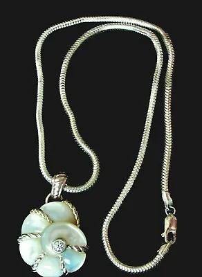 Judith Ripka SS Mother Of Pearl Diamonique Sea Shell Pendant W 17.5  SS Necklace • $139.46