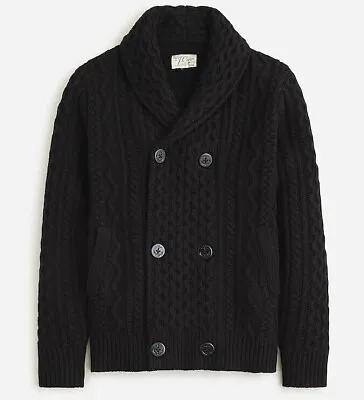 NWT J Crew 100% Wool Shawl Collar Irish Aran Fisherman Cardigan Sweater In Black • $229.99