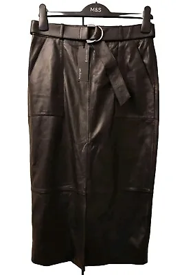 BNWT M & S Autograph Genuine Leather Skirt Black With Belt Pockets NEW Cost £199 • £69.99
