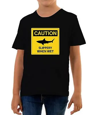 £9.99 • Buy Beware Slippery When Wet Sign Kids T-Shirt Funny Fishing Joke Catch Slogan