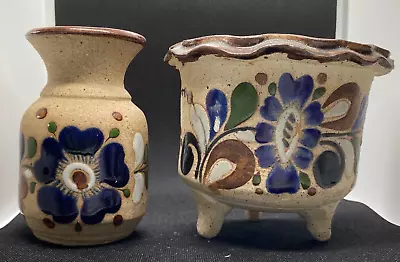 Mexican Tonala Folk Art Pottery Sandstone Vase And Pot Hand-Painted Blue Flower • $12.99