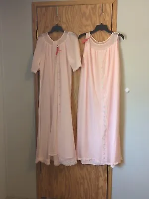 Vtg Pink Deena Peignoir Set Robe Nightgown Nylon Lace Large Old Hollywood • $64