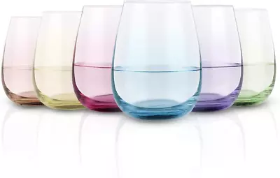 Colored Stemless Wine Glass Set Of 6 Vibrant Splash Wine Glasses With Colored B • $37.08