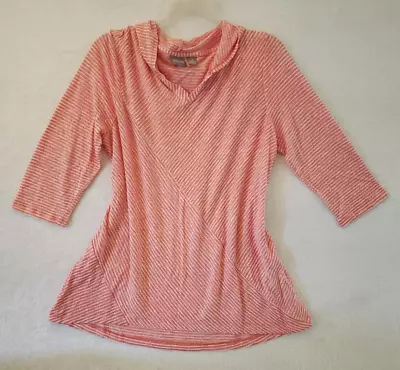 Chicos Top Women Size 2 Orange Striped Linen Blend Hoodie Hooded Coastal 3/4 Slv • $19.95