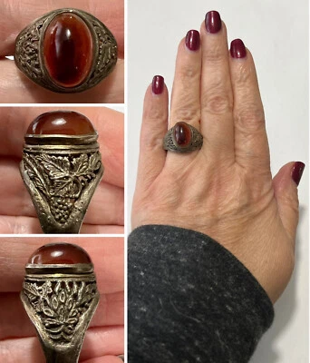 $39.99 • Buy Vintage ART NOUVEAU Sterling Silver Filigree GRAPE VINE Carnelian Ring Sz 8.5