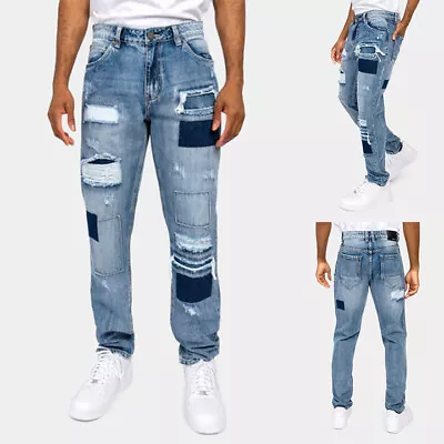 Victorious Men's Casual Distressed Cut And Repair Patchwork Denim Jeans DL1379 • $37.99