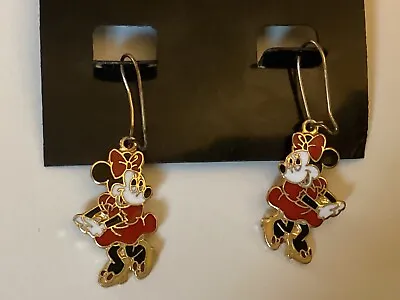 Minnie Mouse Earrings Red Black White Enamel Gold Tone Dangles W/ Wires Vintage • $7.99