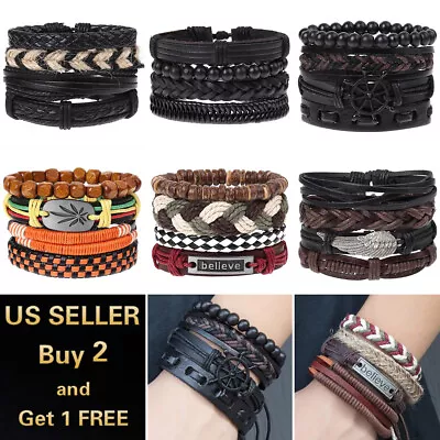 4PCS Boho Multilayer Leather Bracelet Set Men's Women Wristband Bangle Jewelry • $8.99