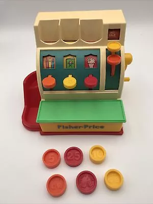 VINTAGE 1990 Fisher Price CASH REGISTER #2044 Working Bell & (6) Coins USA • $17.99