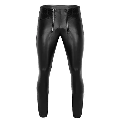 Mens Wet Look Faux Leather Zipper Pouch Tight Pants Stretchy Trousers Clubwear • $7.99