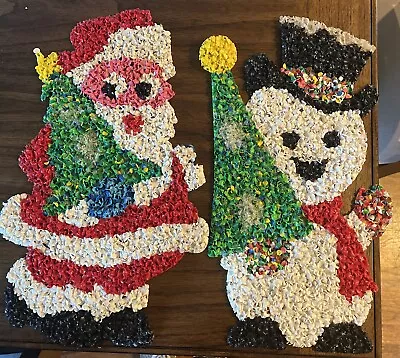 Vintage Melted Plastic Popcorn Snowman & Santa Hanging Christmas Decoration 19” • $20