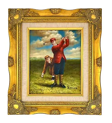 Golf Painting Golfer And Caddie Oil On Board Signed In Ornate Frame Vintage Art • $295