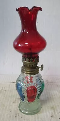 Oil Lamp Miniature Pattern Glass Flash Paint Red Green Blue W/ Red Globe 8-1/2  • $9.07