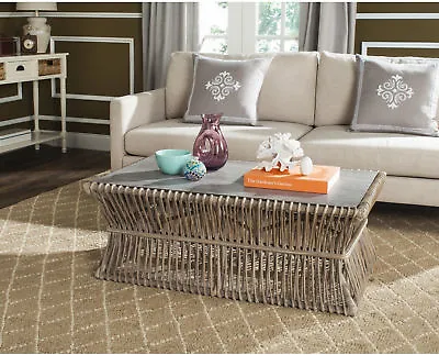 Japanese Asian Style Gray Coffee Table Open-Weave Wicker Whitewashed Assembled • $370.60