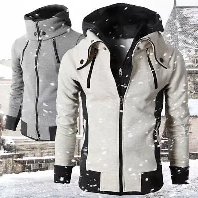 Mens Zipper Thick Fleece Faux Fur Lined Hoodie Winter Warm Ski Skate Coat Jacket • £28.75