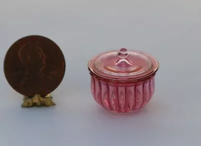 Dollhouse Miniature Artisan Glass Cranberry Ribbed Barrel Bowl By Philip Grenyer • $18.99