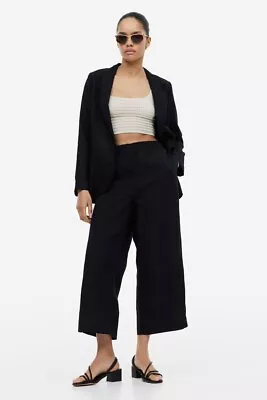 H&M Wide Leg Cropped Trousers Stretch Waist4 Pocket Black RRP £24 • £11.99