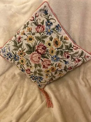 Vintage Antique Needlepoint Tapestry Cushion Floral Roses Velvet Backed 18 X18  • £24.99