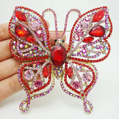 Elegant Butterfly Insect Gold-Tone Brooch Pin Red Austria Crystal Woman Jewelry • $13.27