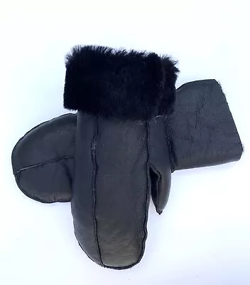 Men's Black Soft Premium Real Shearling Sheepskin Lambskin Leather Fur Mittens • $49