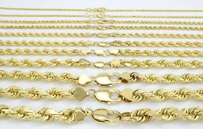 $147.99 • Buy 14K Yellow Gold Solid 1mm-10mm Rope Chain Diamond Cut Pendant Necklace 16 - 30 