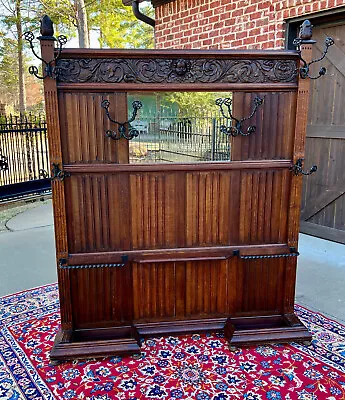 Antique English Oak Hall Tree Entry Foyer Umbrella Stand Coat Hat Rack W Mirror • $3500