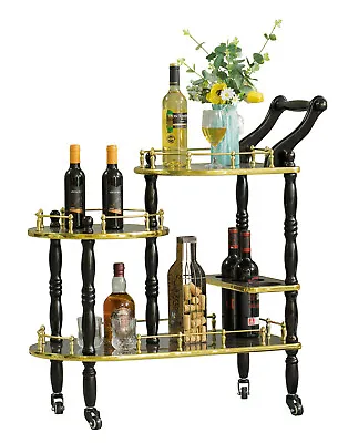 Wood Serving Bar Cart Tea Trolley With 3 Tier Shelves And Rolling Wheels • $236.30