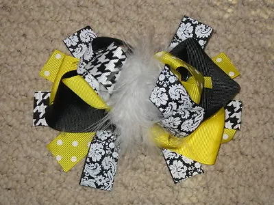 NEW  DAMASK YELLOW  Fur Hairbow Alligator Clips Girls Ribbon Hair Bows 5.5 Inch • $6.99