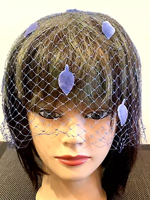 60’s Blue Birdcage Netting Veil Hat Blue Velvet Leaves And Bow In Back & On Top • $14.95