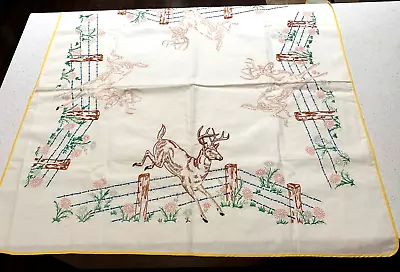 $12.99 • Buy Vintage Tablecloth Table Topper Hand Embroidered Deer Partially Sewn 34  X 34 