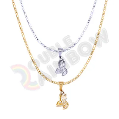 Men Women's Stainless Steel Lord Prayer Hands Pendant Figaro Necklace Chain P100 • $14.48