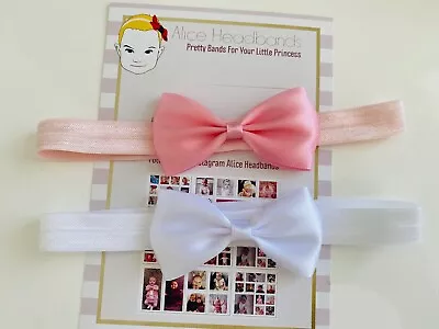 2 Satin Baby Bow Headbands Newborn -36m Pink & White Soft Elastic UK Seller Girl • £3.50