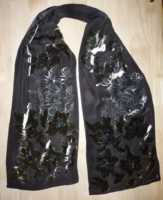 Ellen Tracy - Elegant Beaded Silk & Velvet Scarf - 69  X 10  - Black & Gray • $17.99