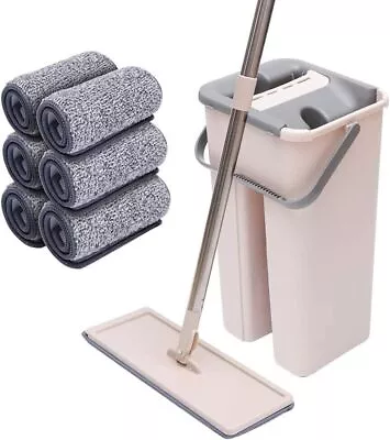 360° Flat Squeeze Microfiber Mop & Bucket Set Home Tiles Floor Cleaning + 12 Mop • £13.98