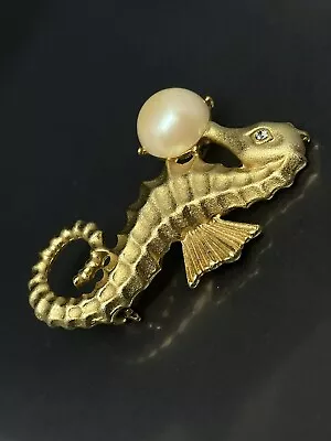 Vintage Matte GoldTone Seahorse Ocean Faux Pearl Clear Crystals 2.25” Brooch Pin • $45