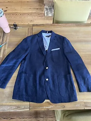 Cremieux Mens Blazer Blue L Linen Cotton Elbow Patches Sports Coat Jacket • $35