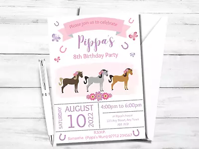 Horses PERSONALISED Invitations - Girls Pony Riding Birthday Party Invites • £4.45