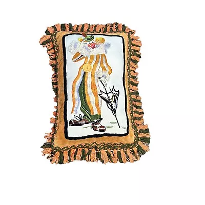 Vintage 70s Embroidered Crewel Clown Fringe Edge Pillow • $39.95