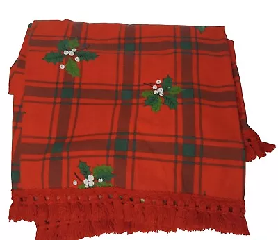 Vintage Red Holly Christmas Tablecloth With Tassel Trim Homemade  Rectangular • $39.99