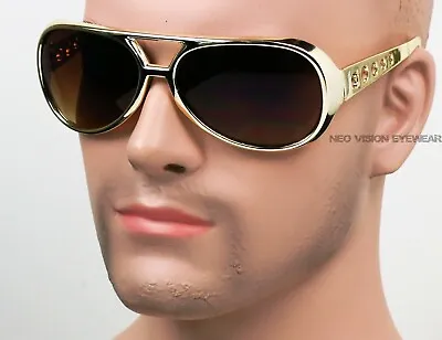 Elvis Gold Brown Vintage Style Pilot Sunglasses Retro Metallic Large BIG • $9.49