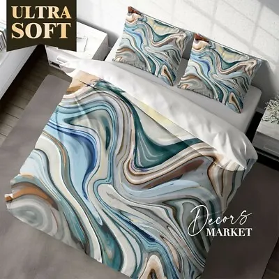 Flow Blue Texture Marble Gray Doona Cover Sets Single Double Queen King Size • £16.06