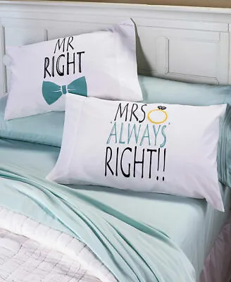 Set Of 2 Novelty Cotton Pillowcases Mr. Mrs Right Humorous Funny Pillowcases Set • £26.01