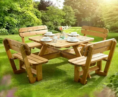 8 Seater Garden Furniture Large Dining Set Rustic Pub Table Wooden Picnic Bench • £959.90