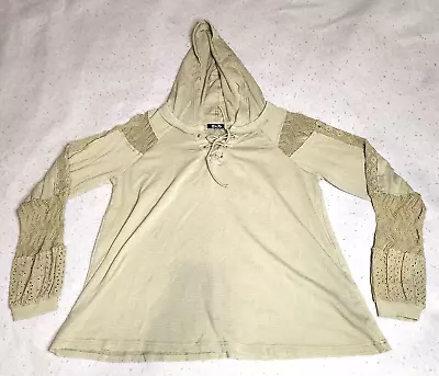 Miss Me Womens Hooded Top Size M Beige Crotchet Eyelet Lace-Up Long Sleeve • $13.59