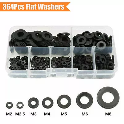 Black Nylon Flat Ring Washer Gasket M2-M8 Mixed Assortment Kit With Box 364Pcs • $11.33