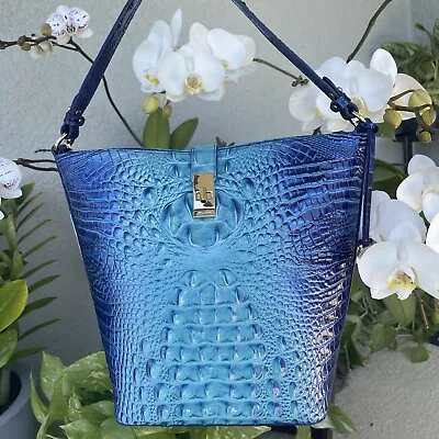 Brahmin Shira Affinity Blue Aquamarine Cerulean Leather Bucket Bag • $409.44
