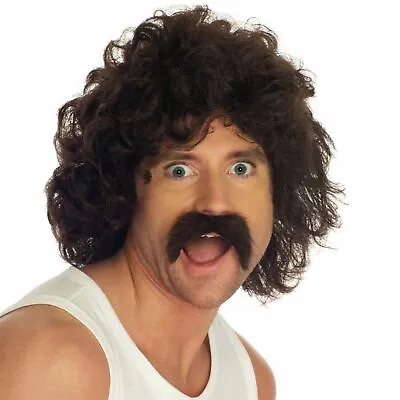 Mens Brown Wig And Tash 80s Curly Hair & Mustache For Scouser Fancy Dress • $23.95