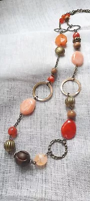 17  Fashion Costume Necklace Brass Ring & Bead Faux Coral & Agate Wood Red White • $11