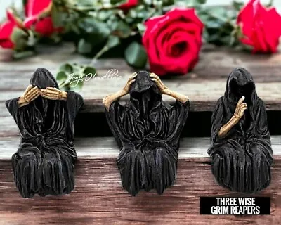 Three Wise Grim Reaper Shelf Sitter Ornament Figurine See No Evil Pagan Wiccan • £14.85